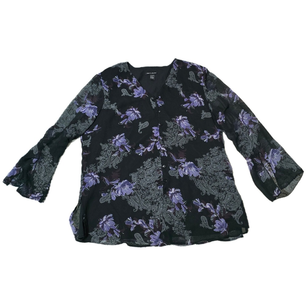 Club‎ Z Collection Floral Paisley Button Up Blouse Top Black Purple 1X (J)